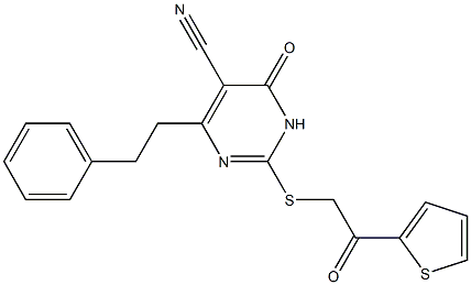 6-oxo-2-{[2-oxo-2-(2-thienyl)ethyl]sulfanyl}-4-(2-phenylethyl)-1,6-dihydro-5-pyrimidinecarbonitrile 结构式