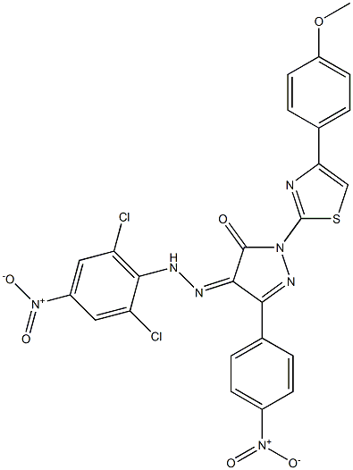 1-[4-(4-methoxyphenyl)-1,3-thiazol-2-yl]-3-(4-nitrophenyl)-1H-pyrazole-4,5-dione 4-[N-(2,6-dichloro-4-nitrophenyl)hydrazone] 结构式