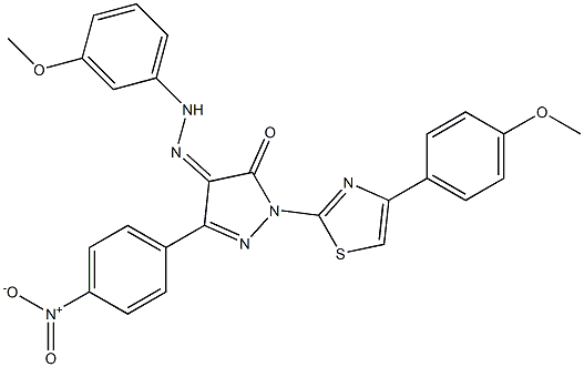 1-[4-(4-methoxyphenyl)-1,3-thiazol-2-yl]-3-(4-nitrophenyl)-1H-pyrazole-4,5-dione 4-[N-(3-methoxyphenyl)hydrazone] 结构式