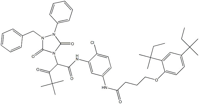 2-(1-Benzyl-3,5-dioxo-2-phenyl-1,2,4-triazolidin-4-yl)-2-pivaloyl-2'-chloro-5'-[4-(2,4-di-tert-pentylphenoxy)butanoylamino]acetanilide 结构式