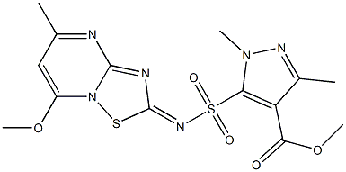 1,3-Dimethyl-5-[(7-methoxy-5-methyl-2H-[1,2,4]thiadiazolo[2,3-a]pyrimidin-2-ylidene)sulfamoyl]-1H-pyrazole-4-carboxylic acid methyl ester 结构式