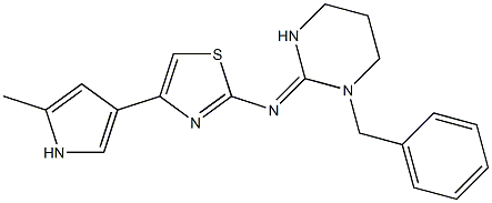 2-[(1-Benzylhexahydropyrimidin)-2-ylideneamino]-4-(2-methyl-1H-pyrrol-4-yl)thiazole 结构式