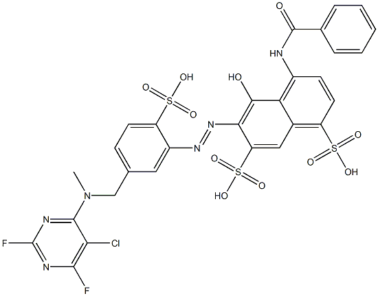 4-(Benzoylamino)-6-[[5-[[(5-chloro-2,6-difluoro-4-pyrimidinyl)(methyl)amino]methyl]-2-sulfophenyl]azo]-5-hydroxy-1,7-naphthalenedisulfonic acid 结构式