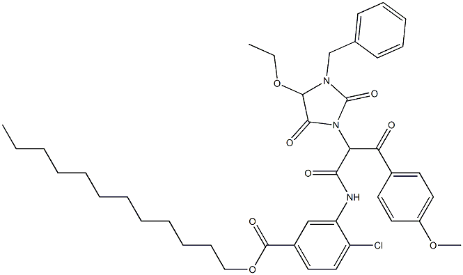 2-(1-Benzyl-5-ethoxy-2,4-dioxoimidazolidin-3-yl)-2'-chloro-5'-dodecyloxycarbonyl-2-(4-methoxybenzoyl)acetanilide 结构式