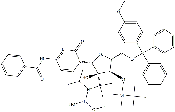 5'-O-[(4-Methoxyphenyl)diphenylmethyl]-3'-O-(tert-butyldimethylsilyl)-N-benzoylcytidine-2'-(diisopropylaminophosphonous acid methyl) ester 结构式