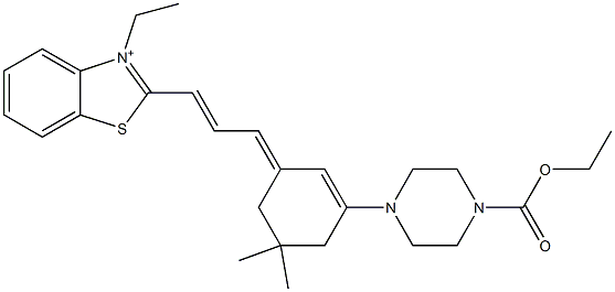 2-[3-[3-[4-(Ethoxycarbonyl)piperazino]-5,5-dimethyl-2-cyclohexen-1-ylidene]-1-propenyl]-3-ethylbenzothiazol-3-ium 结构式
