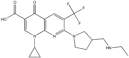 6-(Trifluoromethyl)-1,4-dihydro-1-cyclopropyl-4-oxo-7-[3-[(ethylamino)methyl]pyrrolidin-1-yl]-1,8-naphthyridine-3-carboxylic acid 结构式