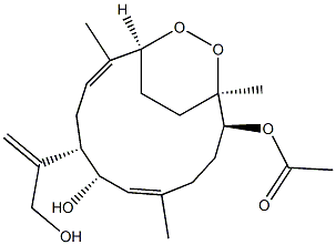 (1S,2S,3E,7S,8R,11S,12Z)-7-Acetyloxy-2-hydroxy-8,11-epidioxy-1-[1-(hydroxymethyl)ethenyl]-4,8,12-trimethylcyclotetradeca-3,12-diene 结构式