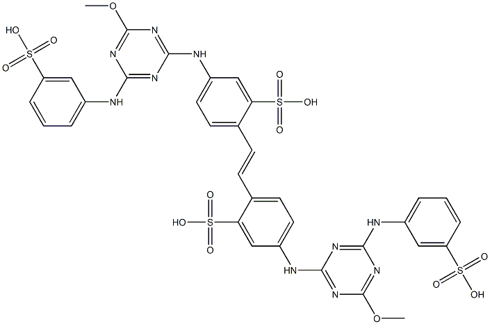 4,4'-Bis[4-methoxy-6-(m-sulfoanilino)-1,3,5-triazin-2-ylamino]-2,2'-stilbenedisulfonic acid 结构式