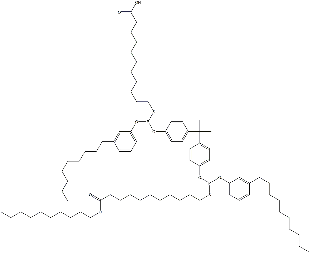 11,11'-[[Isopropylidenebis(4,1-phenyleneoxy)]bis[[(3-decylphenyl)oxy]phosphinediylthio]]bis(undecanoic acid decyl) ester 结构式
