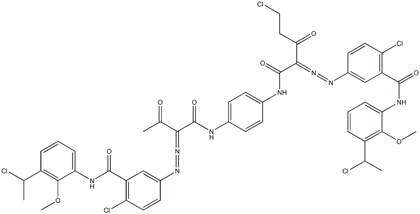 3,3'-[2-(Chloromethyl)-1,4-phenylenebis[iminocarbonyl(acetylmethylene)azo]]bis[N-[3-(1-chloroethyl)-2-methoxyphenyl]-6-chlorobenzamide] 结构式