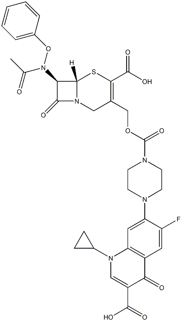 (7R)-7-[Phenoxyacetylamino]-3-[[4-[(1-cyclopropyl-6-fluoro-3-carboxy-1,4-dihydro-4-oxoquinolin)-7-yl]-1-piperazinylcarbonyloxy]methyl]cepham-3-ene-4-carboxylic acid 结构式