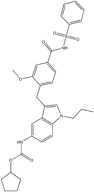 4-[5-(Cyclopentyloxycarbonylamino)-1-propyl-1H-indol-3-ylmethyl]-3-methoxy-N-(phenylsulfonyl)benzamide 结构式