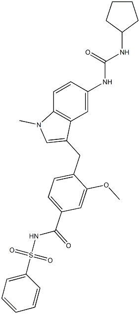 4-[5-(3-Cyclopentylureido)-1-methyl-1H-indol-3-ylmethyl]-3-methoxy-N-(phenylsulfonyl)benzamide 结构式