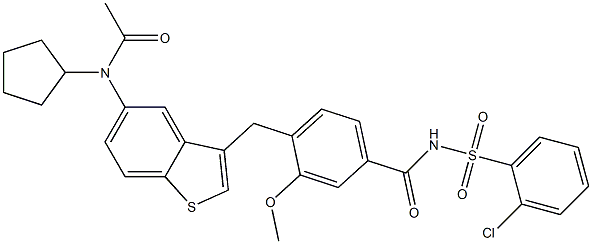 4-[5-(Cyclopentylacetylamino)-1-benzothiophen-3-ylmethyl]-3-methoxy-N-(2-chlorophenylsulfonyl)benzamide 结构式