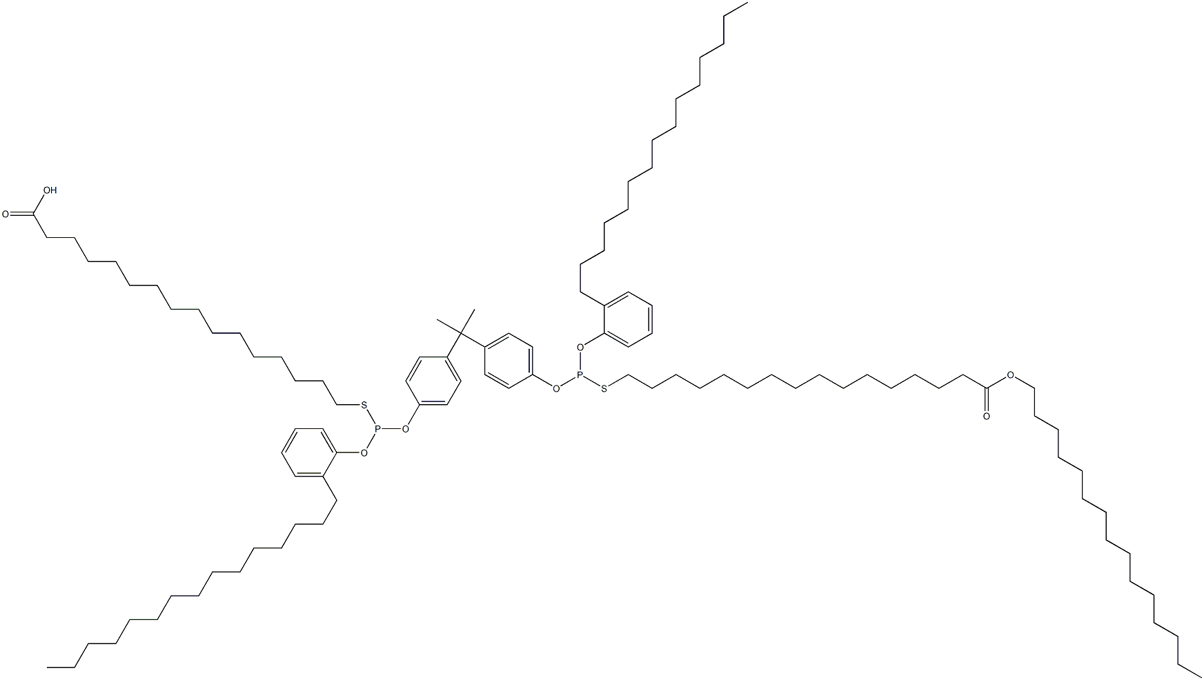 16,16'-[[Isopropylidenebis(4,1-phenyleneoxy)]bis[[(2-pentadecylphenyl)oxy]phosphinediylthio]]bis(hexadecanoic acid pentadecyl) ester 结构式