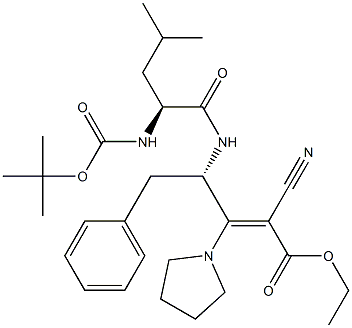 (S)-4-[N-(tert-Butyloxycarbonyl)-L-leucylamino]-2-cyano-5-phenyl-3-(1-pyrrolidinyl)-2-pentenoic acid ethyl ester 结构式