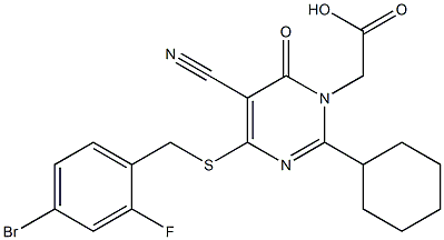 2-Cyclohexyl-4-(4-bromo-2-fluorobenzylthio)-5-cyano-6-oxopyrimidine-1(6H)-acetic acid 结构式