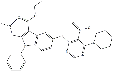 1-Phenyl-2-[(dimethylamino)methyl]-5-[5-nitro-6-piperidinopyrimidin-4-yloxy]-1H-indole-3-carboxylic acid ethyl ester 结构式