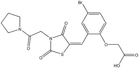 [4-bromo-2-({2,4-dioxo-3-[2-oxo-2-(1-pyrrolidinyl)ethyl]-1,3-thiazolidin-5-ylidene}methyl)phenoxy]acetic acid 结构式