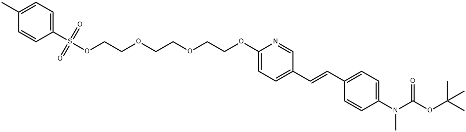 (E)-2-[2-[2-[[5-[4-[BOC-(甲基)氨基]苯乙烯基]-2-吡啶基]氧基]乙氧基]乙氧基]乙基-4-甲基苯磺酸酯 结构式