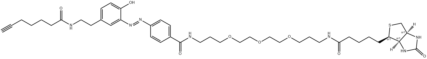 4-((E)-(5-(2-(hept-6-ynamido)ethyl)-2-hydroxyphenyl)diazenyl)-N-(15-oxo-19-((3aS,4S,6aR)-2-oxohexahydro-1H-thieno[3,4-d]imidazol-4-yl)-4,7,10-trioxa-14-azanonadecyl)benzamide 结构式