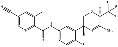 2-Pyridinecarboxamide, N-[3-[(3R,6R)-5-amino-3,6-dihydro-3,6-dimethyl-6-(trifluoromethyl)-2H-1,4-oxazin-3-yl]-4-fluorophenyl]-5-cyano-3-methyl- 结构式