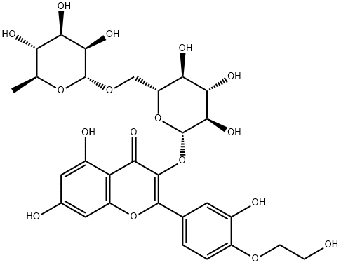 5,7-dihydroxy-2-[3-hydroxy-4-(2-hydroxyethoxy)phenyl]-3-[(2S,3R,4S,5S,6R)-3,4,5-trihydroxy-6-[[(2R,3R,4R,5R,6S)-3,4,5-trihydroxy-6-methyloxan-2-yl]oxymethyl]oxan-2-yl]oxychromen-4-one 结构式