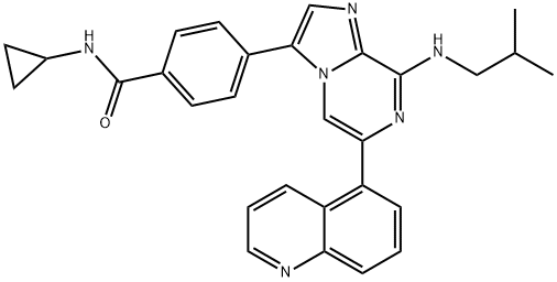 N-Cyclopropyl-4-[8-[(2-methylpropyl)amino]-6-(5-quinolinyl)imidazo[1,2-a]pyrazin-3-yl]benzamide 结构式