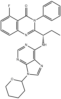 5-氟-3-苯基-2-[(1S)-1-[[9-(四氢-2H-吡喃-2-基)-9H-嘌呤-6-基]氨基]丙基]-4(3H)-喹唑啉酮 结构式