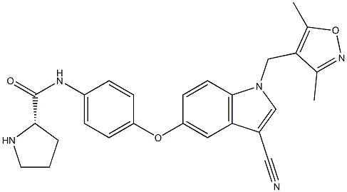 (2S)-N-[4-[[3-Cyano-1-[(3,5-dimethyl-4-isoxazolyl)methyl]-1H-indol-5-yl]oxy]phenyl]-2-pyrrolidinecarboxamide 结构式