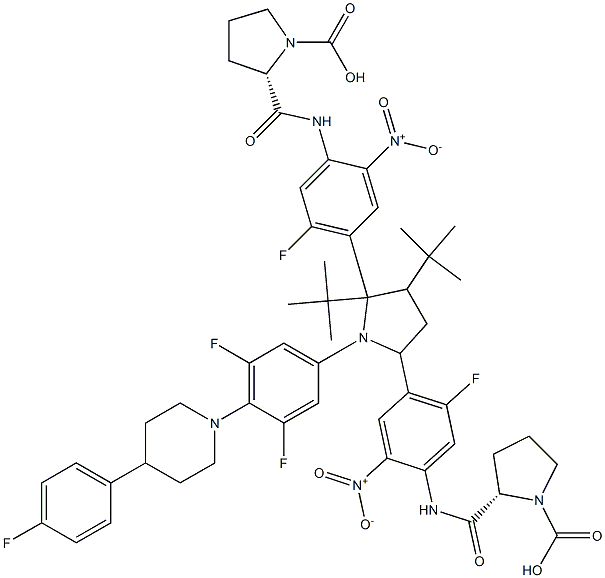 di-tert-butyl2,2'-(((((2R,5R)-1-(3,5-difluoro-4-(4-(4-fluorophenyl)piperidin-1-yl)phenyl)pyrrolidine-2,5-diyl)bis(5-fluoro-2-nitro-4,1-phenylene))bis(azanediyl))bis(carbonyl))(2S,2'S)-bis(pyrrolidine-1-carboxylate) 结构式
