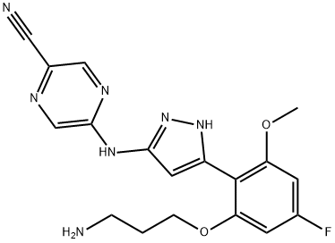 5-((5-(2-(3-aminopropoxy)-4-fluoro-6-methoxyphenyl)-1H-pyrazol-3-yl)amino)pyrazine-2-carbonitrile 结构式