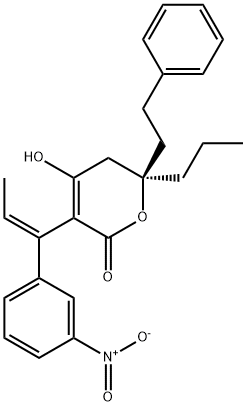 (6R)-5,6-Dihydro-4-hydroxy-3-[(1Z)-1-(3-nitrophenyl)-1-propen-1-yl]-6-(2-phenylethyl)-6-propyl-2H-pyran-2-one 结构式