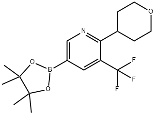 2-(tetrahydro-2H-pyran-4-yl)-5-(4,4,5,5-tetramethyl-1,3,2-dioxaborolan-2-yl)-3-(trifluoromethyl)pyridine 结构式