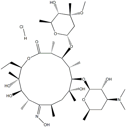 (3R,4S,5S,6R,7R,9R,10E,11S,12R,13S,14R)-6-{[(2S,3R,4S,6R)-4-(Dimethylamino)-3-hydroxy-6-methyltetrahydro-2H-pyran-2-yl]oxy}-14-ethyl-7,12,13-trihydroxy-10-(hydroxyimino)-4-{[(2R,4R,5S,6S)-5-hydroxy-4-methoxy-4,6-dimethyltetrahydro-2H-pyran-2-yl]oxy}-3,5,7,9,11,13-hexamethyloxacyclotetradecan-2-one hydrochloride 结构式