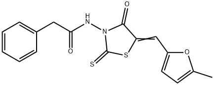 N-{5-[(5-methyl-2-furyl)methylene]-4-oxo-2-thioxo-1,3-thiazolidin-3-yl}-2-phenylacetamide 结构式