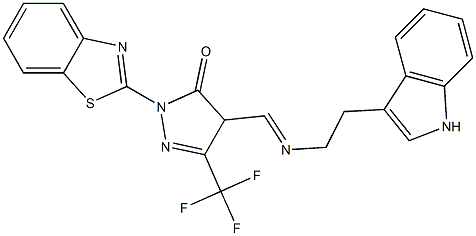 2-(1,3-benzothiazol-2-yl)-4-({[2-(1H-indol-3-yl)ethyl]imino}methyl)-5-(trifluoromethyl)-2,4-dihydro-3H-pyrazol-3-one 结构式