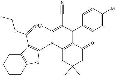 ethyl 2-(2-amino-4-(4-bromophenyl)-3-cyano-7,7-dimethyl-5-oxo-5,6,7,8-tetrahydro-1(4H)-quinolinyl)-4,5,6,7-tetrahydro-1-benzothiophene-3-carboxylate 结构式