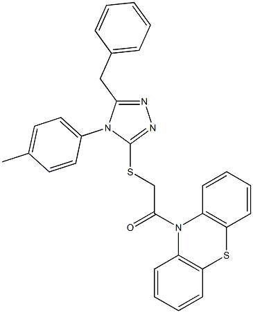 5-benzyl-4-(4-methylphenyl)-4H-1,2,4-triazol-3-yl 2-oxo-2-(10H-phenothiazin-10-yl)ethyl sulfide 结构式