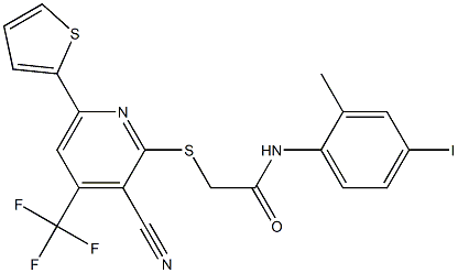 2-{[3-cyano-6-thien-2-yl-4-(trifluoromethyl)pyridin-2-yl]sulfanyl}-N-(4-iodo-2-methylphenyl)acetamide 结构式