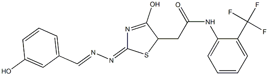 2-{4-hydroxy-2-[(3-hydroxybenzylidene)hydrazono]-2,5-dihydro-1,3-thiazol-5-yl}-N-[2-(trifluoromethyl)phenyl]acetamide 结构式