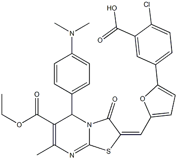 2-chloro-5-{5-[(5-[4-(dimethylamino)phenyl]-6-(ethoxycarbonyl)-7-methyl-3-oxo-5H-[1,3]thiazolo[3,2-a]pyrimidin-2(3H)-ylidene)methyl]-2-furyl}benzoic acid 结构式