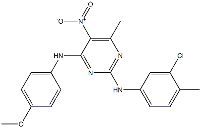 2-(3-chloro-4-methylanilino)-5-nitro-4-(4-methoxyanilino)-6-methylpyrimidine 结构式