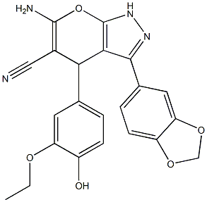 6-amino-3-(1,3-benzodioxol-5-yl)-4-(3-ethoxy-4-hydroxyphenyl)-1,4-dihydropyrano[2,3-c]pyrazole-5-carbonitrile 结构式