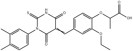 2-{4-[(1-(3,4-dimethylphenyl)-4,6-dioxo-2-thioxotetrahydro-5(2H)-pyrimidinylidene)methyl]-2-ethoxyphenoxy}propanoic acid 结构式