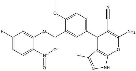 6-amino-4-[3-({5-fluoro-2-nitrophenoxy}methyl)-4-methoxyphenyl]-3-methyl-1,4-dihydropyrano[2,3-c]pyrazole-5-carbonitrile 结构式