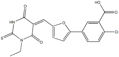 2-chloro-5-{5-[(1-ethyl-4,6-dioxo-2-thioxotetrahydro-5(2H)-pyrimidinylidene)methyl]-2-furyl}benzoic acid 结构式