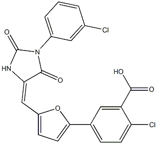 2-chloro-5-(5-{[1-(3-chlorophenyl)-2,5-dioxo-4-imidazolidinylidene]methyl}-2-furyl)benzoic acid 结构式