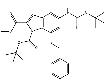 1-TERT-BUTYL 2-METHYL 7-(BENZYLOXY)-5-(TERT-BUTOXYCARBONYLAMINO)-4-IODO-1H-INDOLE-1,2-DICARBOXYLATE 结构式